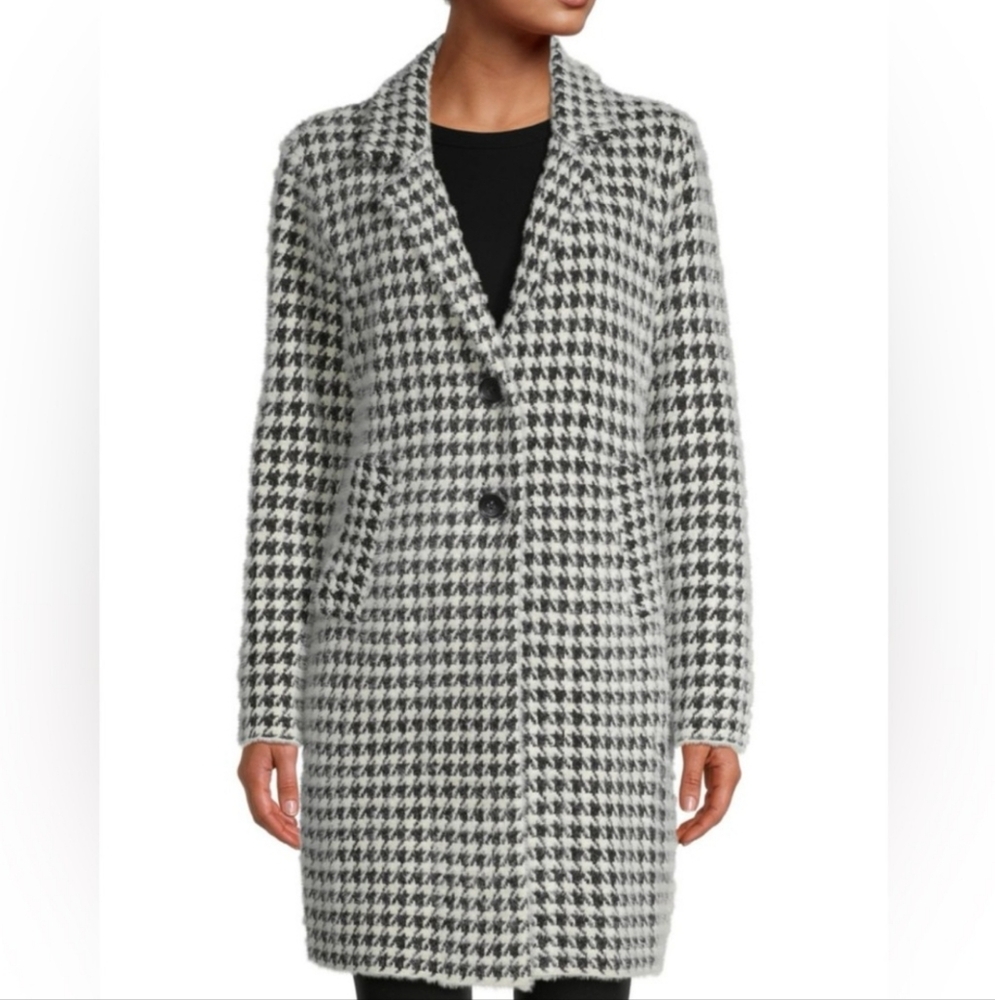 MAX STUDIO Women's Houndstooth Long Coat Textured Black Ivory White Medium